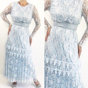 Vintage 70s Light Blue Evening Lace Maxi Dress